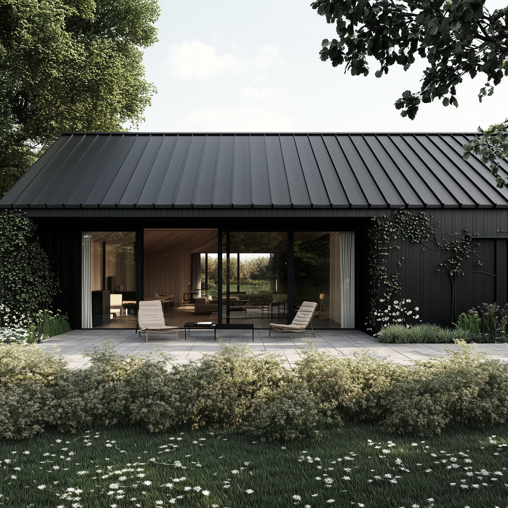 Long linear bungalow with metal cladding, a new build set harmoniously into the landscape - Visura Architecture