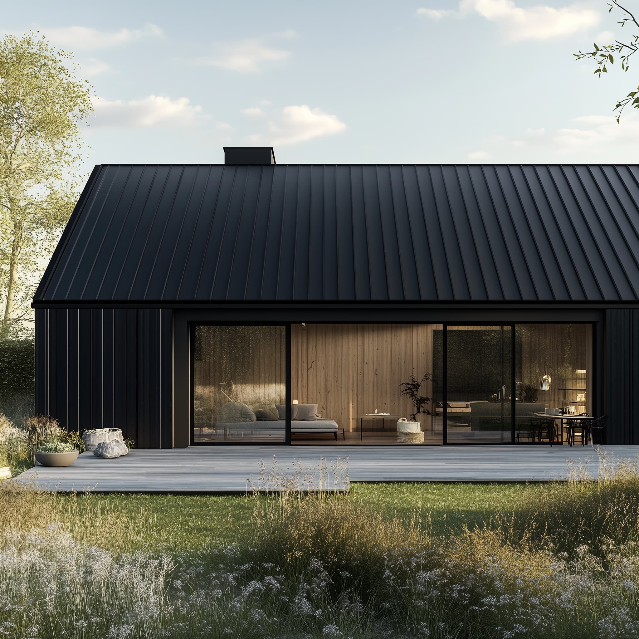 Long linear bungalow with metal cladding and warm timber interior set within soft landscaping - rural architecture by Visura Architecture