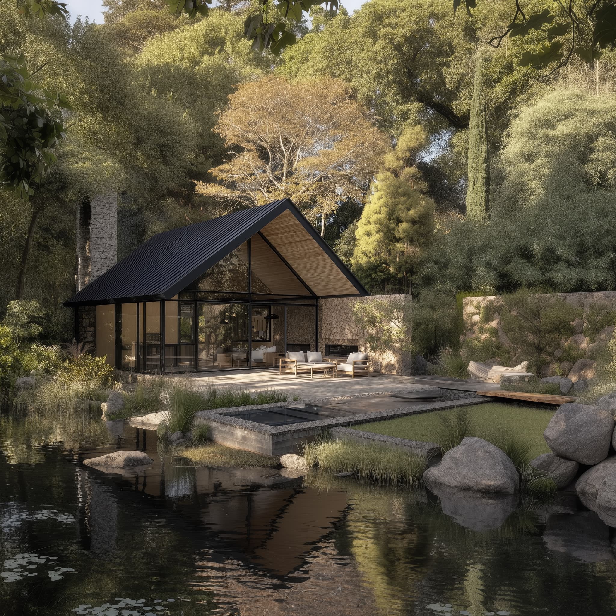 Expressed gable roof and stone feature wall with a sunken fire pit and dip pool, contrasting charred and natural timber - custom architecture by Visura