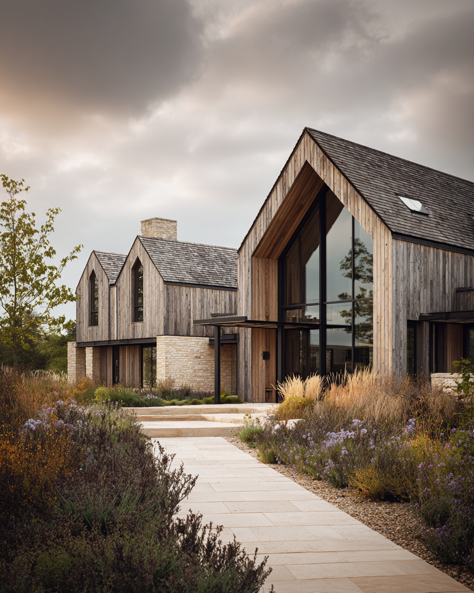 Exterior CGI render of a contemporary countryside residence in daylight by Visura Architecture