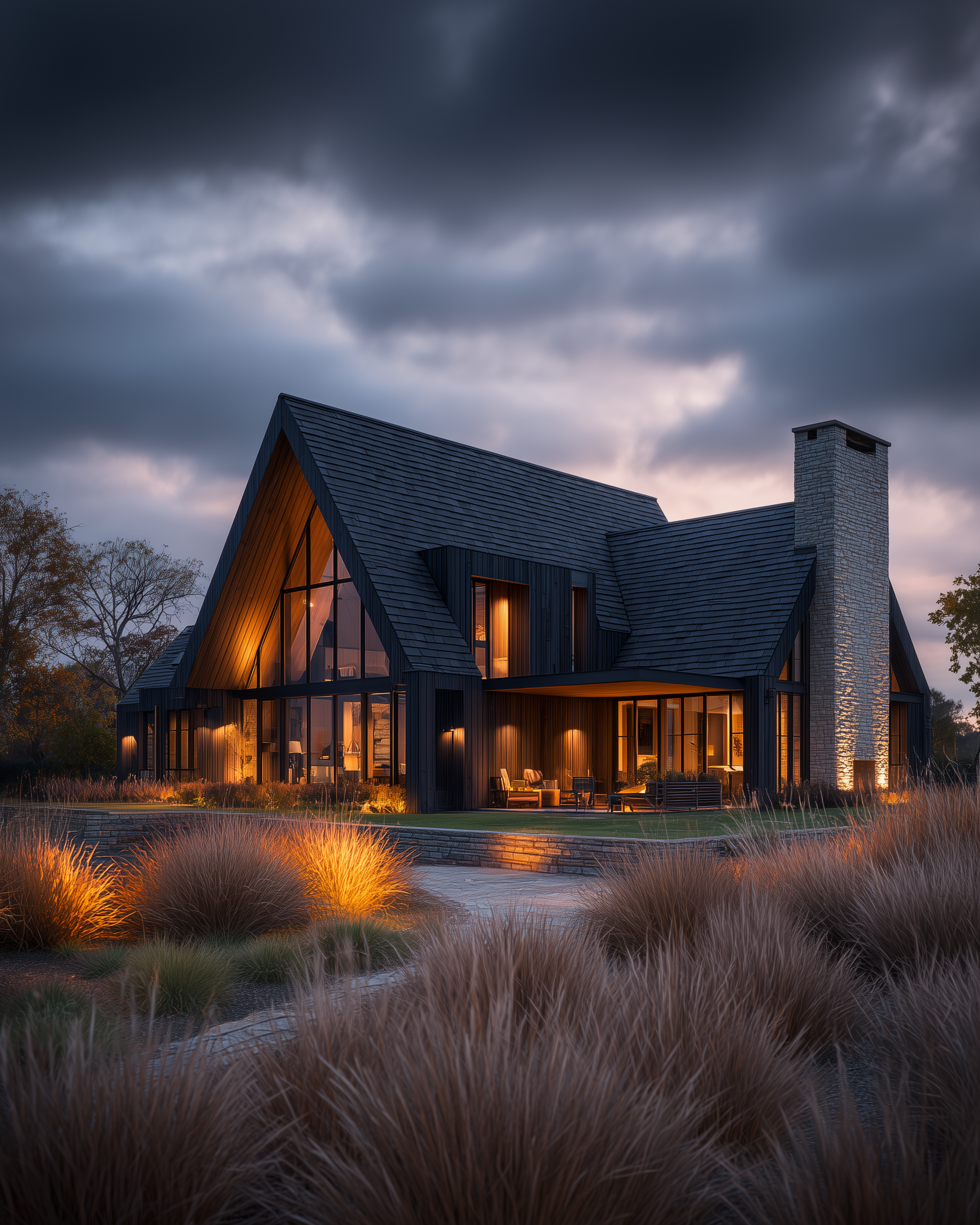 CGI render of a contemporary rural home with warm interior lighting at dusk