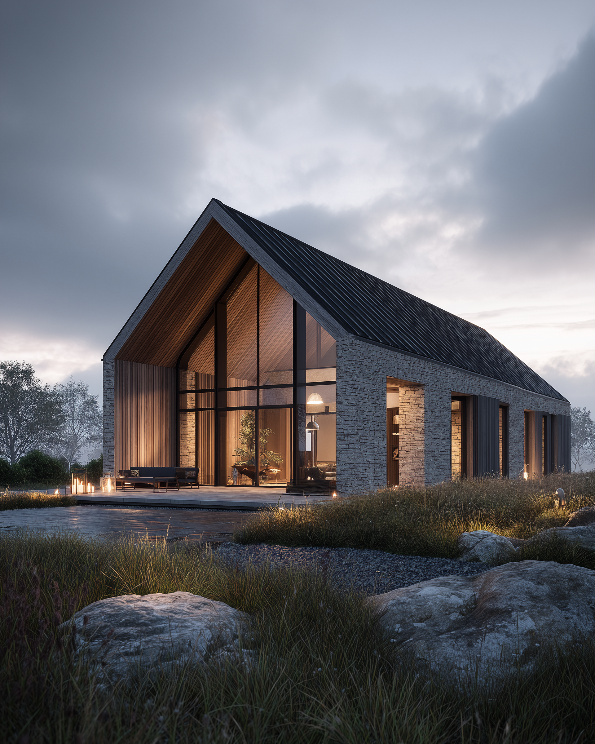 Exterior CGI render of a contemporary stone and timber home at dusk by Visura Architecture