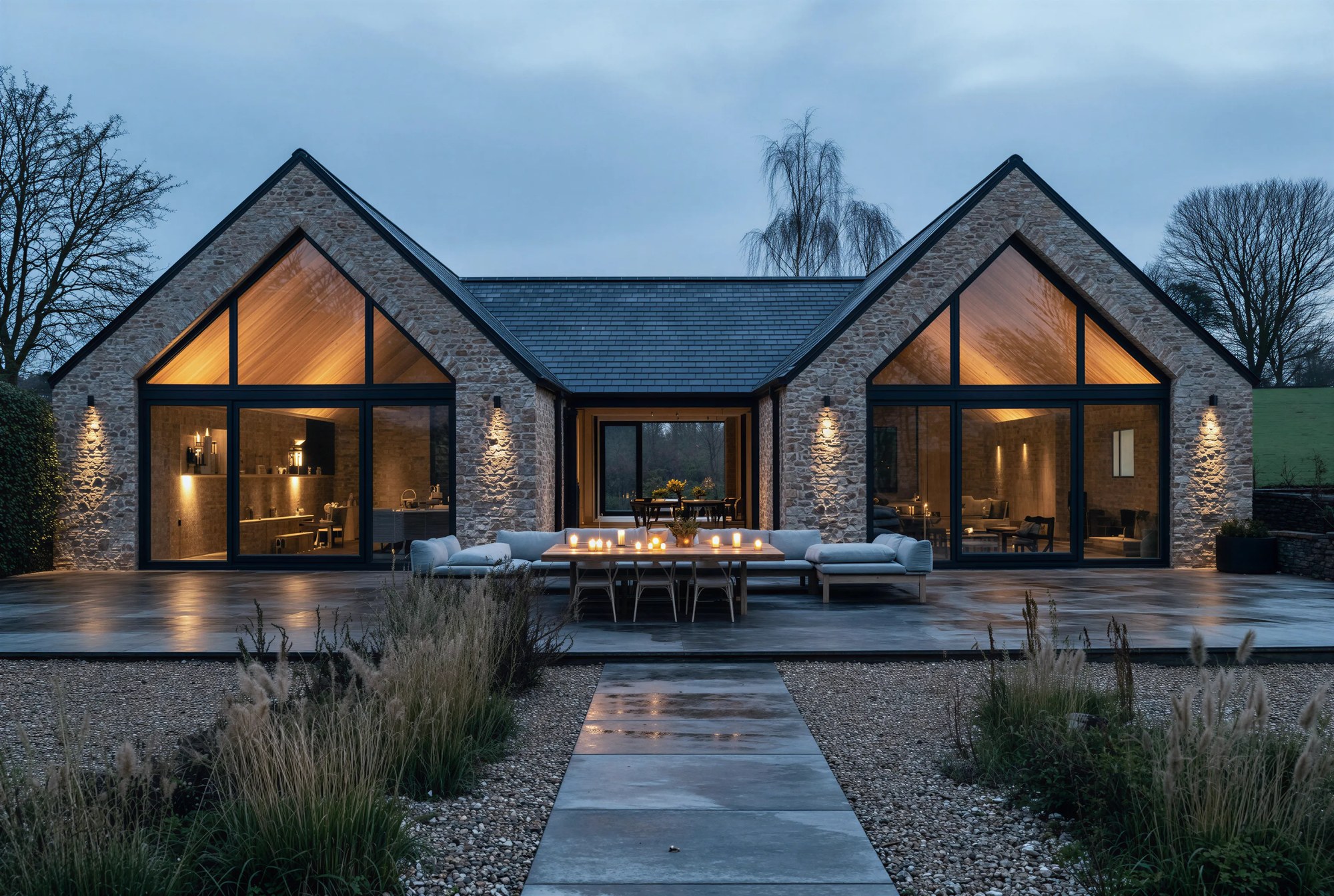 Contemporary barn residence at dusk - Visura Architecture