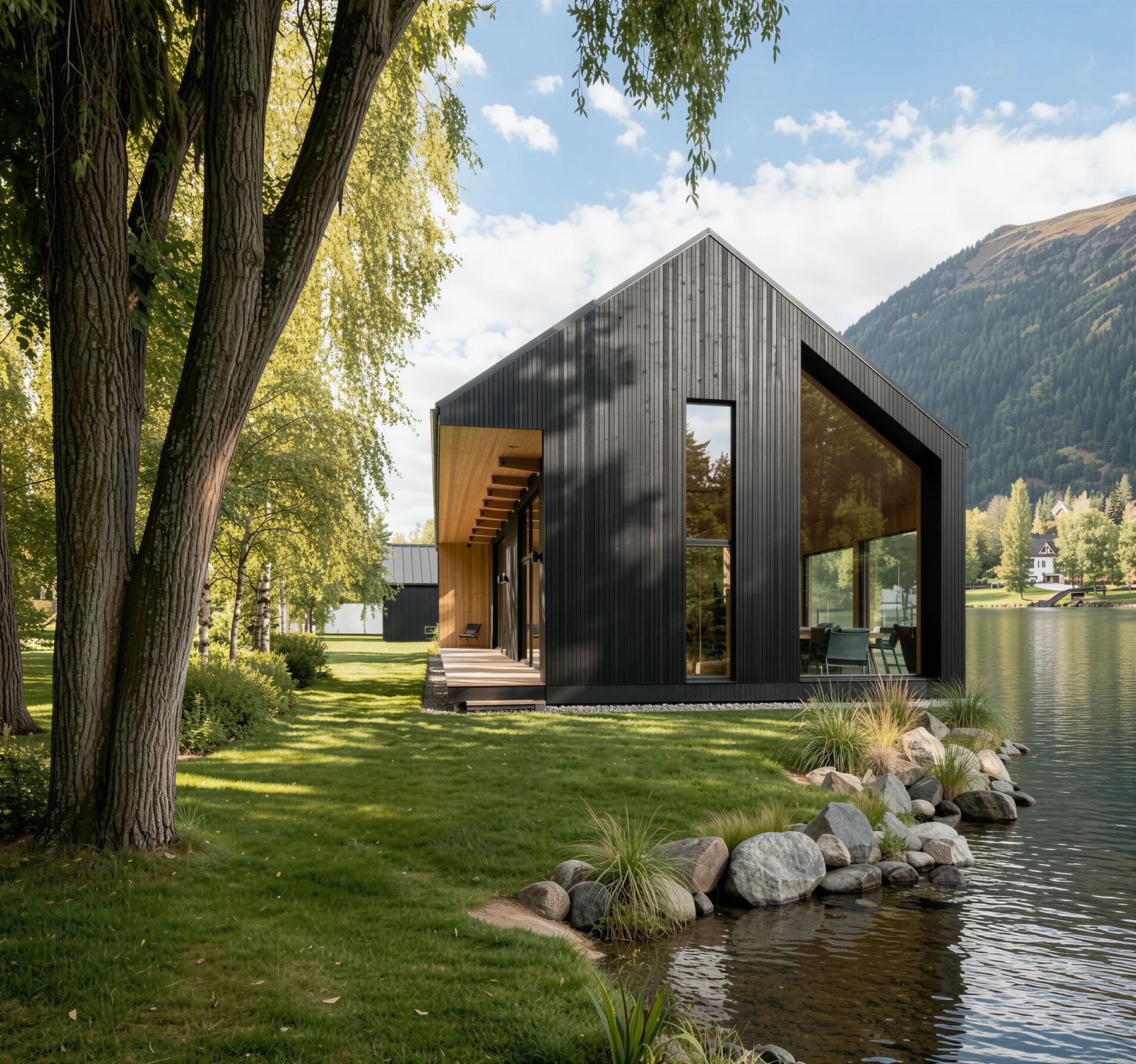 Riverstone Retreat, a charred timber gabled home in Poland set among trees at the water's edge with mountain views